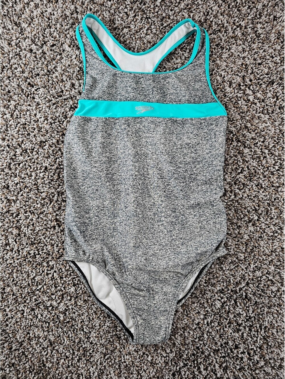 Speedo Girls Sz L One Piece Swimsuit Gray w/ Teal Details